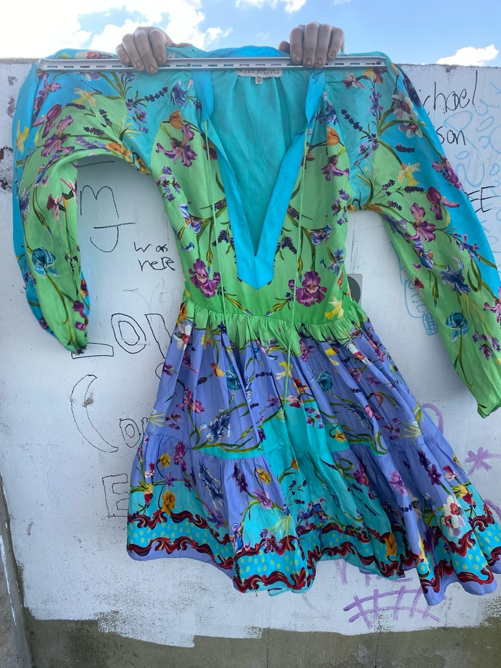 La Fuori Vibrant Floral Deep-V Mini Dress in Turquoise & Lime